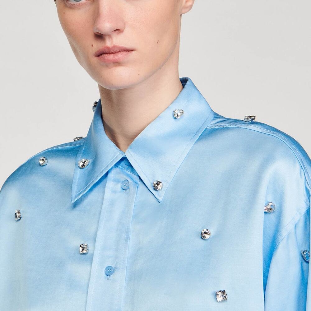 Sandro Paris Satiny Rhinestone Shirt in Sky Blue Size S - Picture 4 of 15